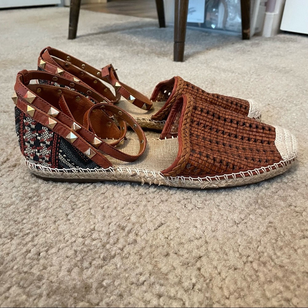 SCHUTZ Brown Woven Leather Espadrilles with Studded Ankle Straps
